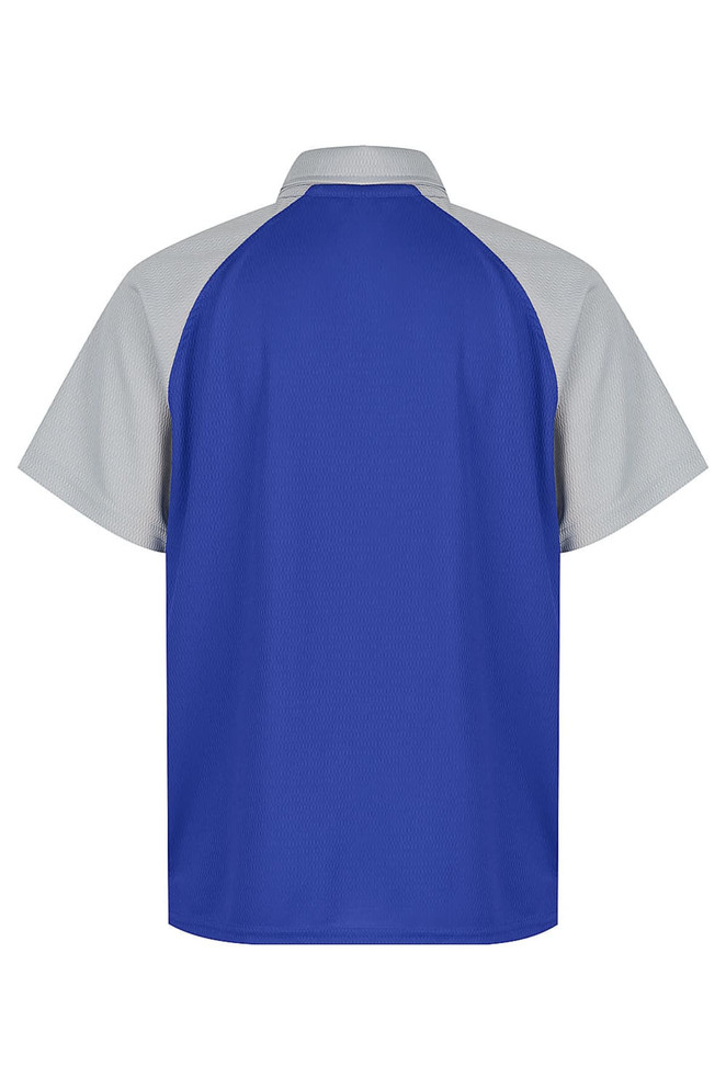 A polo shirt featuring a blue body with light grey sleeves, designed for kids. Includes a logo on the back.