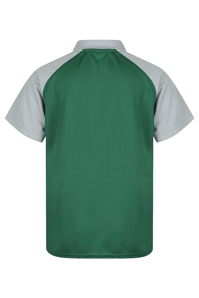 A green and grey polo shirt with a mesh design, featuring a collar and short sleeves.