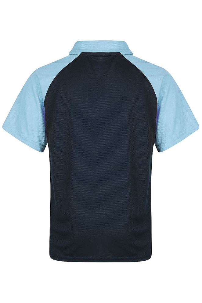 A polo shirt featuring a black body with light blue sleeves, designed for children. It has a logo on the back.
