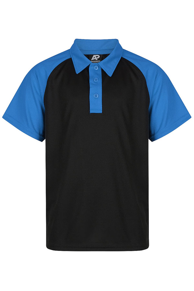 A black and blue polo shirt featuring a collar and short sleeves, with a logo on the label.