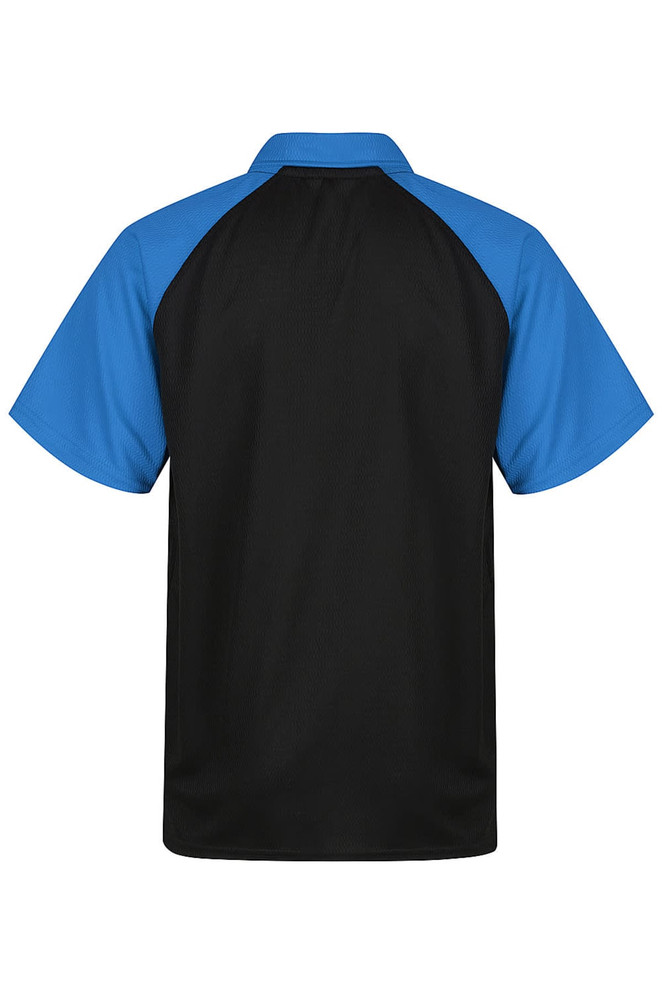 A black and blue polo shirt featuring a short-sleeve design and a branded logo.