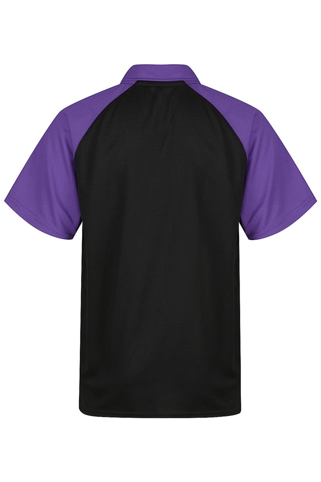 A black polo shirt with purple sleeves, featuring a logo on the back.