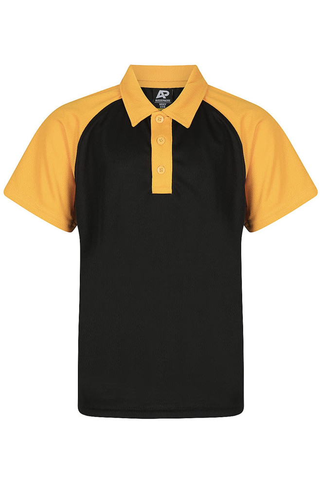 A black and yellow polo shirt featuring a collared neck and button placket, with contrasting sleeves.