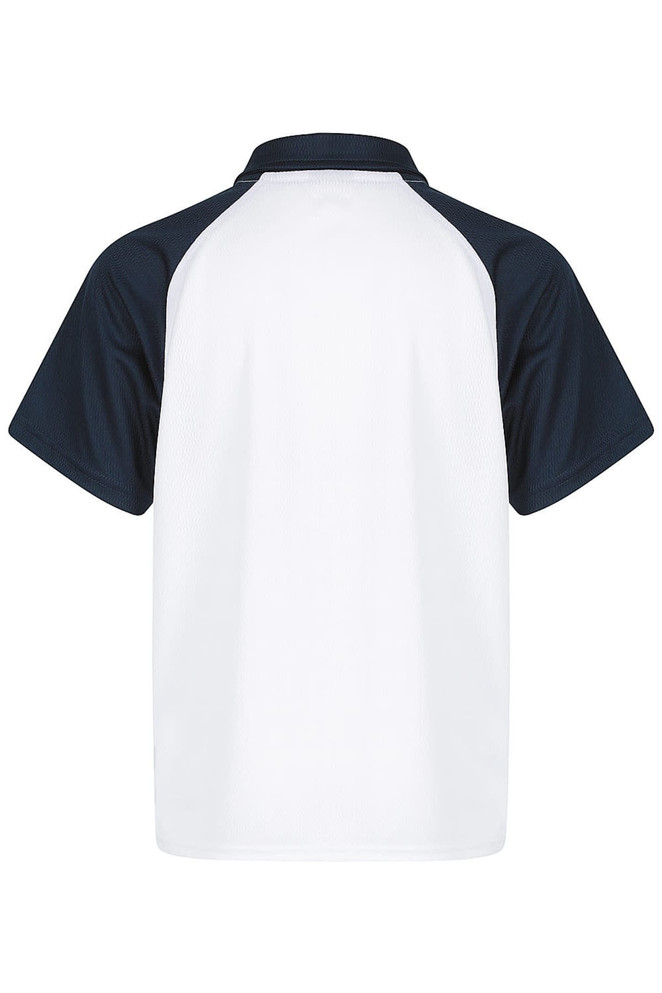 A polo shirt featuring a white body and navy blue sleeves, with a logo on the back.