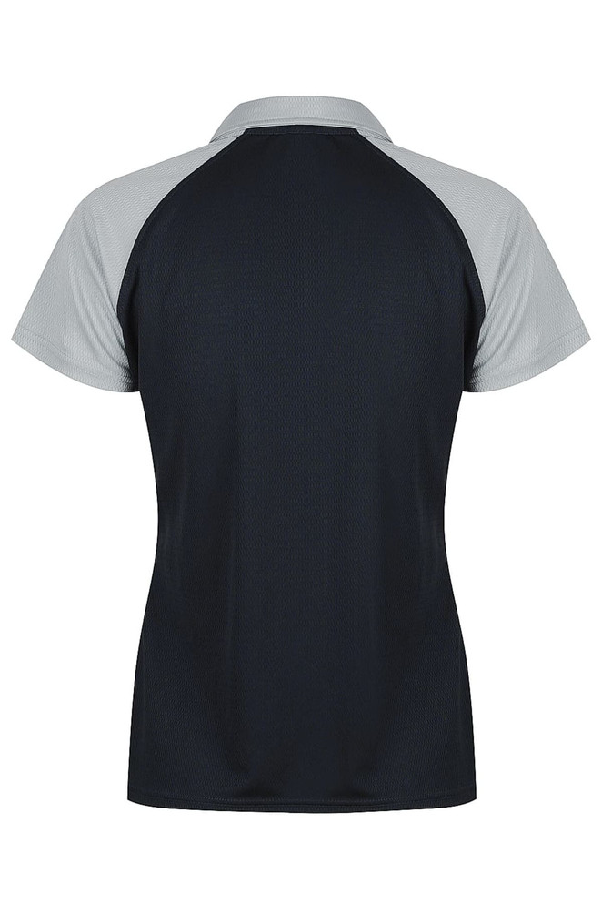 A black and grey polo shirt featuring short sleeves and a breathable design. It has a branding logo on the front.