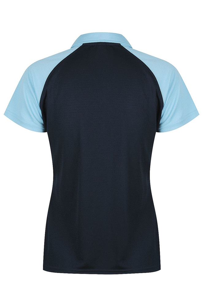 A navy and light blue polo shirt featuring a contrasting design and a logo on the back.