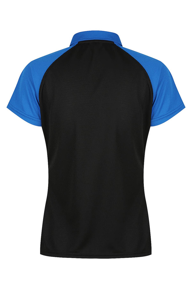 A black polo shirt with blue sleeves and a collar, featuring a logo on the back.