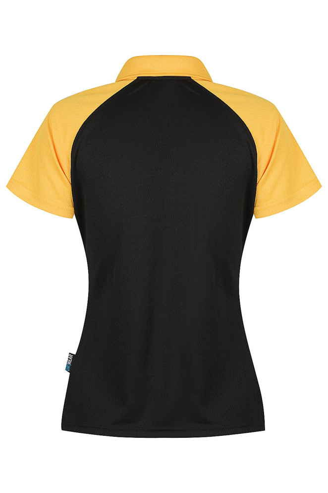 A black and yellow polo shirt featuring a sporty design with short sleeves and a collar, showcasing a logo.