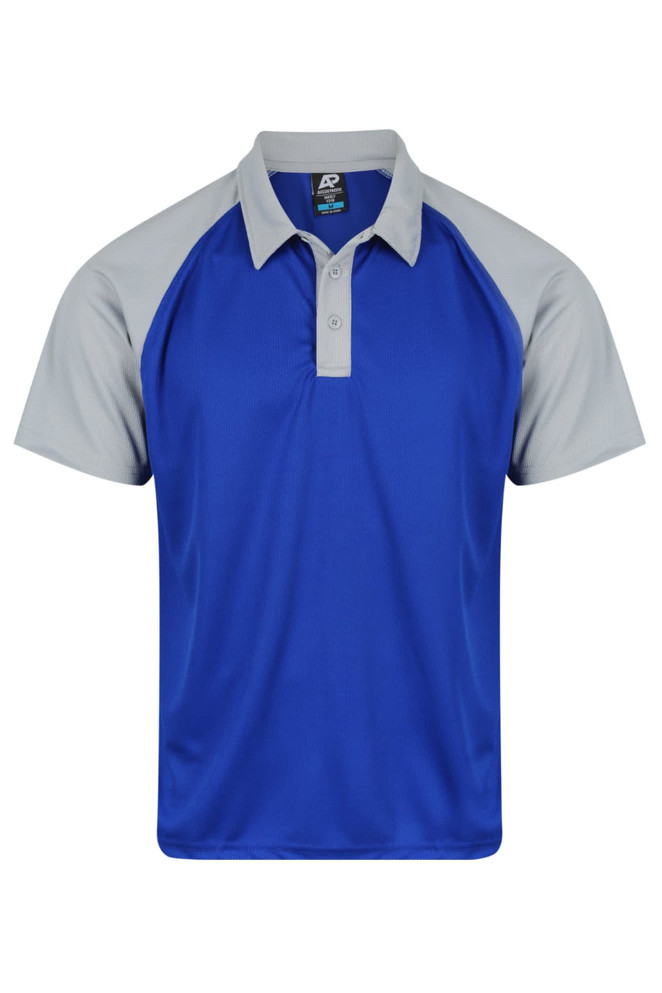 A blue and grey polo shirt with a logo, featuring a classic collar and short sleeves.