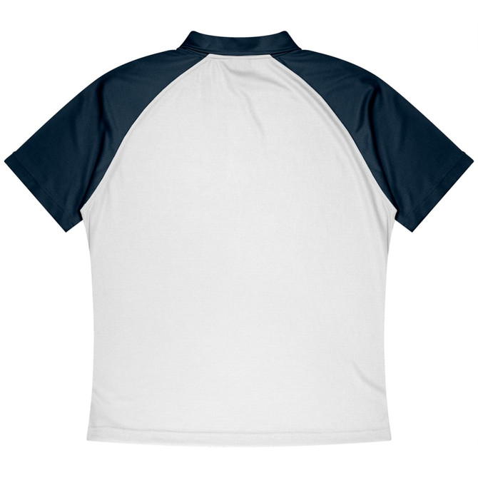 A polo shirt with a white body and navy blue sleeves, featuring a logo on the chest.