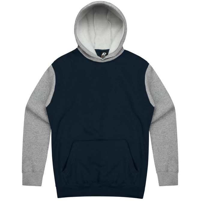 A hooded jumper featuring a navy body and grey sleeves, with a front pocket. It has a logo on the hood.