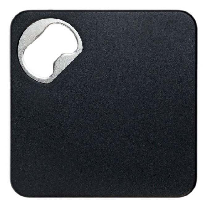 A drink bottle opener and coaster featuring a sleek black design with a metal opener integrated into one corner.