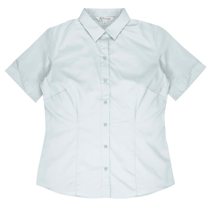 A light grey button-up shirt with short sleeves and a fitted design. It features a collar and a logo.