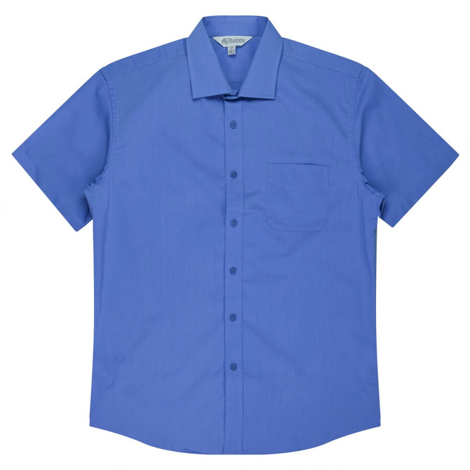 A short-sleeve button-up shirt in a solid blue colour, featuring a single chest pocket and a collar.