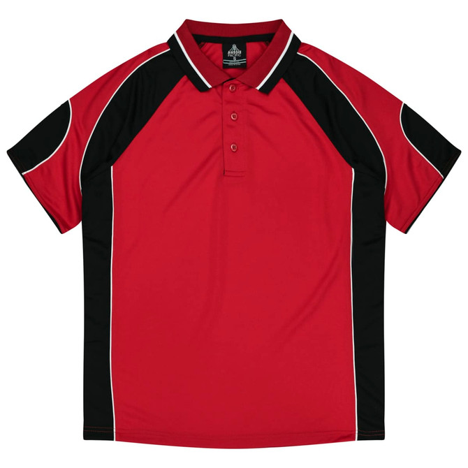 A red and black polo shirt featuring a collar and short sleeves, with a logo on the front.