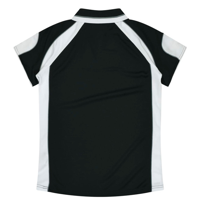 A black and white polo shirt featuring a contrasting design and a collar, with a logo on the chest area.