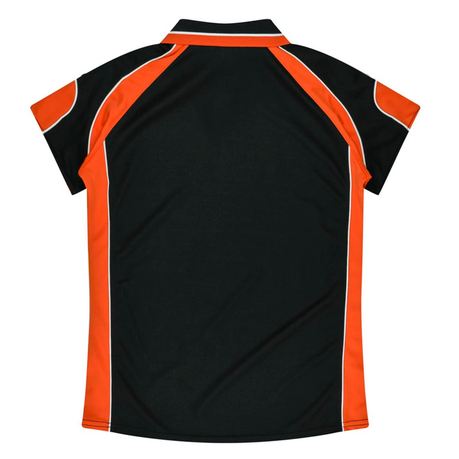 A black polo shirt with orange detailing and reflective accents, featuring a logo on the upper back.