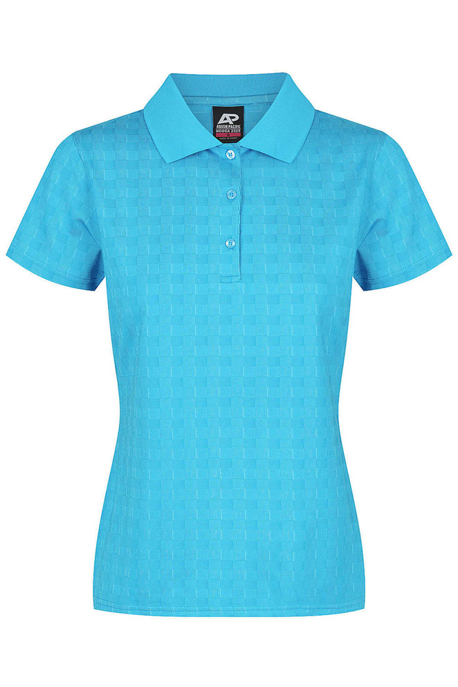 A women's polo shirt in aqua blue with a textured pattern and a collar. It features buttons and has a logo.
