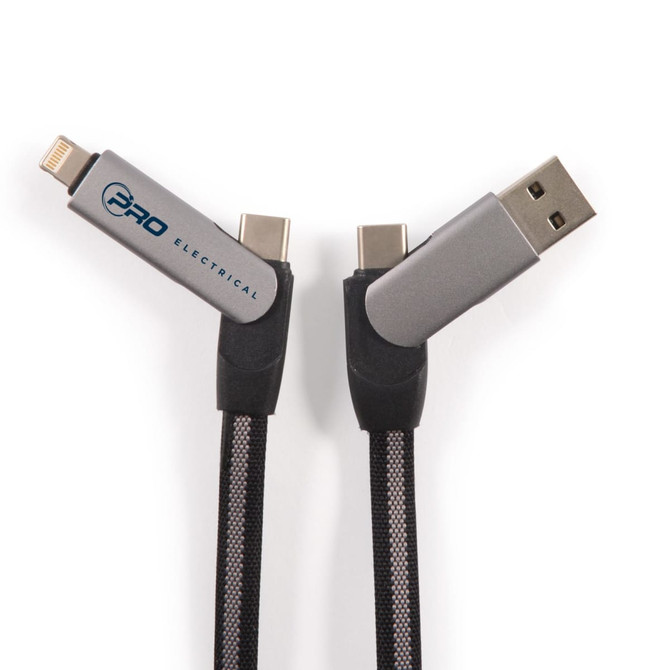 A charging cable with a braided design, featuring grey connectors and a branding logo.