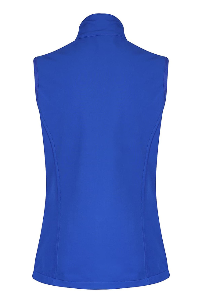 A blue women's vest featuring a high collar and a fitted design, with a branding logo on the back.