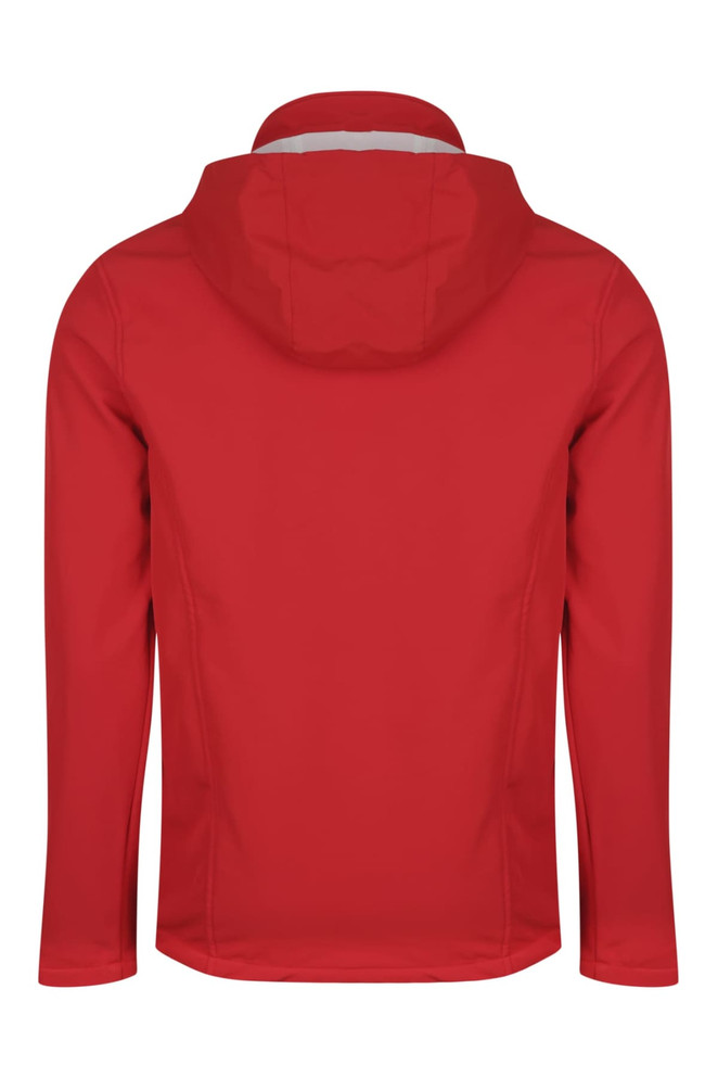 A red jacket with a hood, featuring a smooth finish and no visible branding on the back.