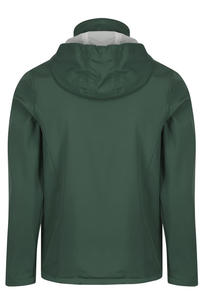 A green jacket with a hood, featuring a clean design and a light-coloured interior. It includes a logo on the back.