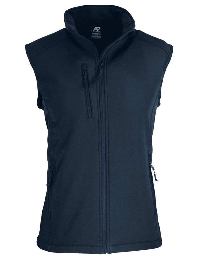 A navy blue men's vest with a zip front and two side pockets, featuring a logo.