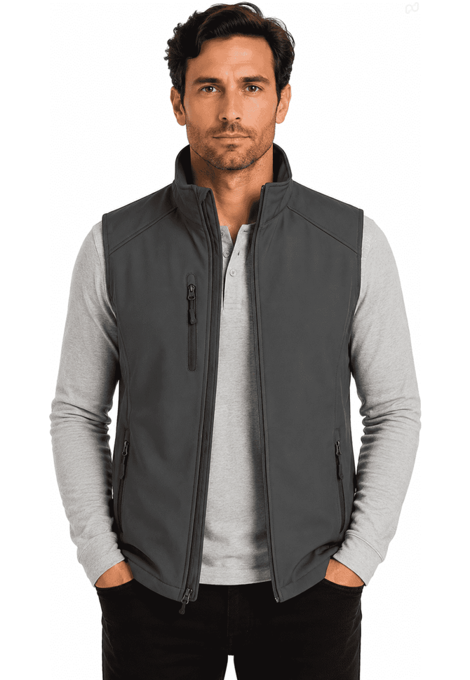 A grey men's vest is displayed, featuring a zippered front and side pockets, with a logo on the chest.