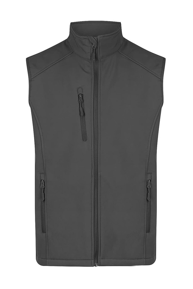 A grey work vest with a high collar, featuring a front zip and multiple zippered pockets. It has a logo.