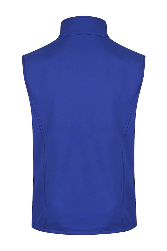 A blue men's work vest featuring a high collar and no sleeves, with a branded logo on the back.
