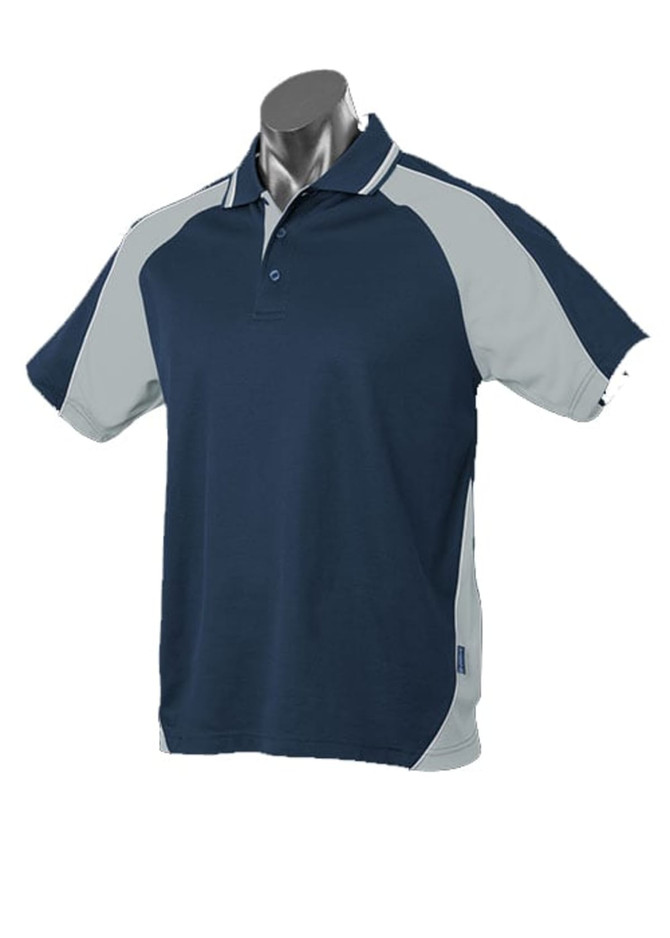 A navy and light grey polo shirt with a logo, featuring a short-sleeve design and a collared neck.