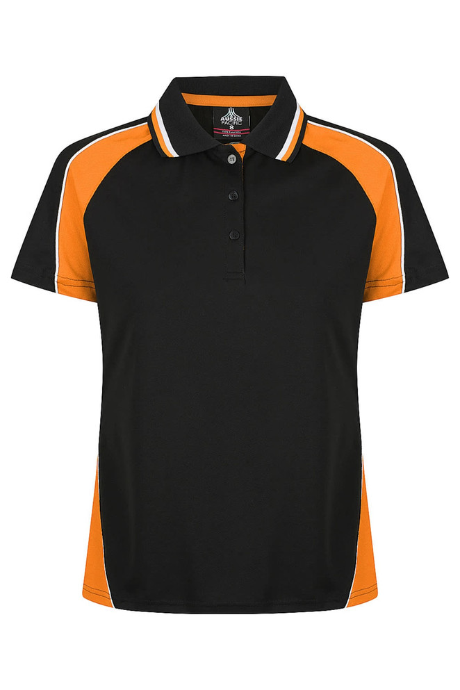 A black polo shirt with orange and white accents, featuring a collar and buttons, and a logo on the chest.