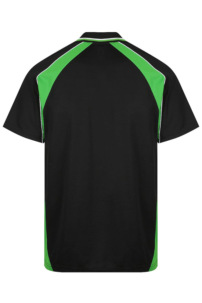 A polo shirt featuring a black body with vibrant green accents, showcasing a logo on the back.