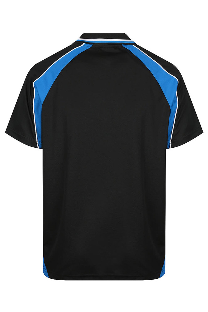 A black polo shirt with blue accents and white detailing, featuring a logo on the side.