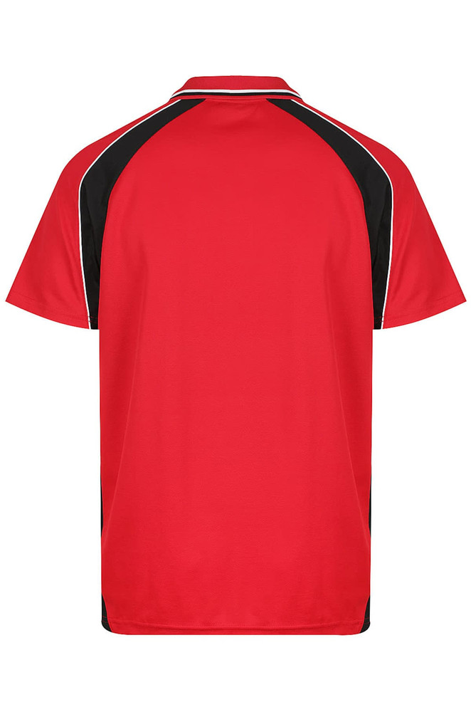 A red men's polo shirt featuring black accents and a logo on the back.