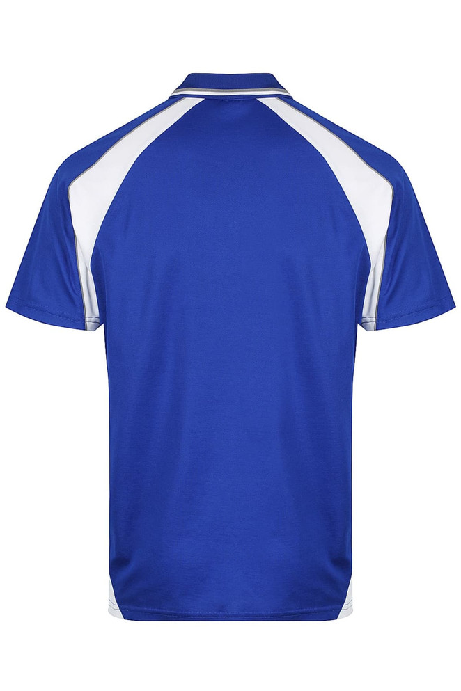 A blue polo shirt featuring white accents, designed with a classic collar and short sleeves. It has a logo on the front.