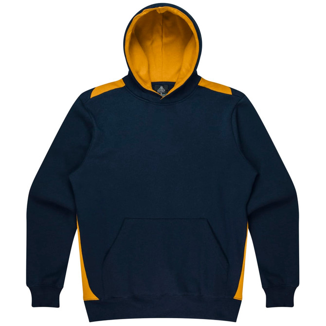 A navy blue hoodie with yellow accents and a front pocket. It features a hood and has a branded logo.