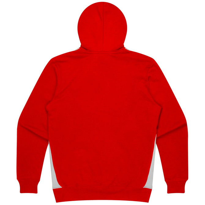 A red hoodie featuring a hood and contrasting side panels. Includes a logo on the back.