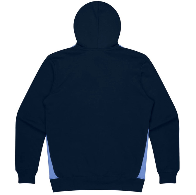 A navy hoodie featuring contrasting side panels in a lighter shade. The design includes a hood and long sleeves.