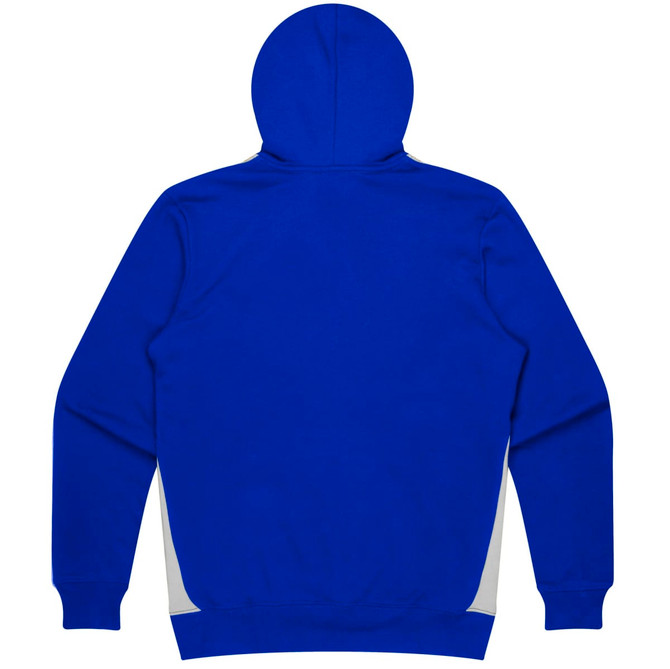 A blue hoodie featuring a hood and contrasting white accents on the sides, with a branding logo.