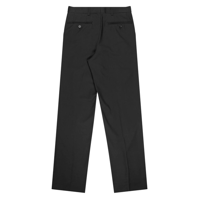 Pleated men's pants in black, featuring a flat back with two buttoned pockets and a tailored fit.