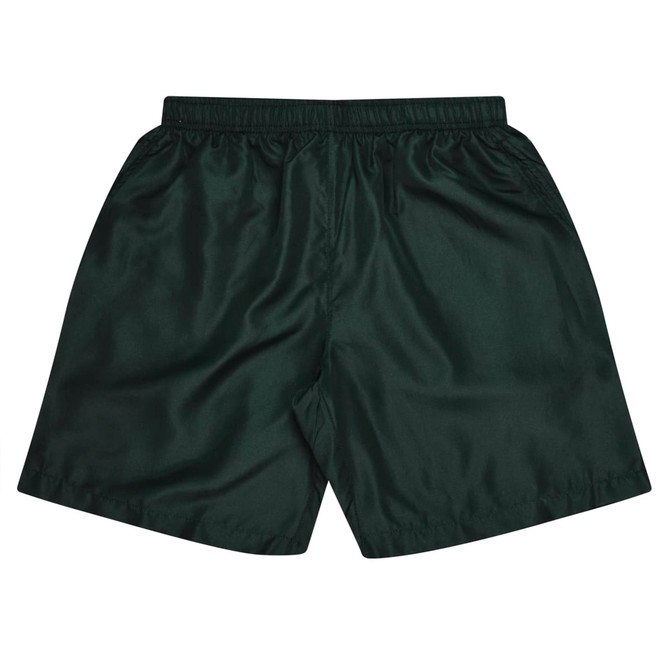 A pair of dark green sports shorts featuring an elastic waistband and a smooth finish.