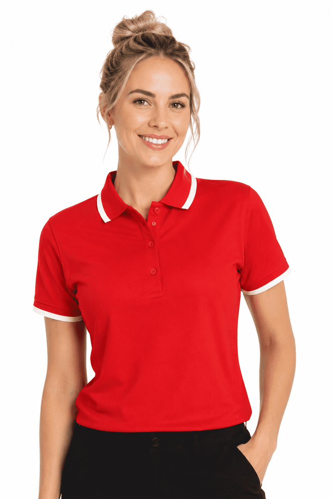 A red polo shirt with white accents, featuring a collar and buttons, designed for women.