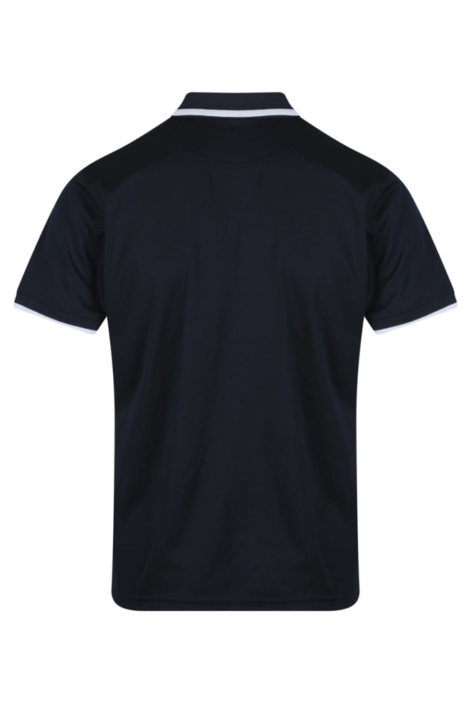 A men's polo shirt in navy blue with contrasting trim and a logo. The image displays the back view.