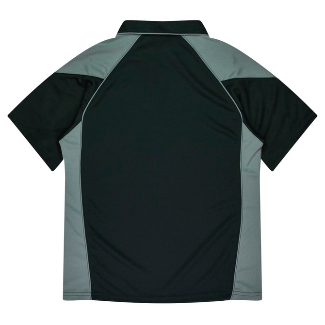 A dark green and grey polo shirt featuring a logo on the back.