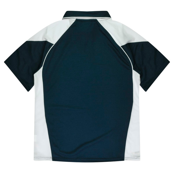 A navy and white polo shirt featuring a sporty design and a logo on the chest.