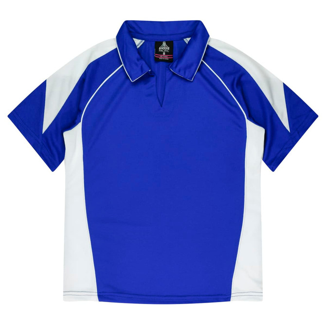 A blue polo shirt with white accents and a collar, featuring a logo on the chest.