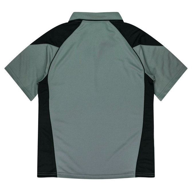 A polo shirt in grey with black accents, featuring a standard collar and short sleeves. It has a logo on the front.