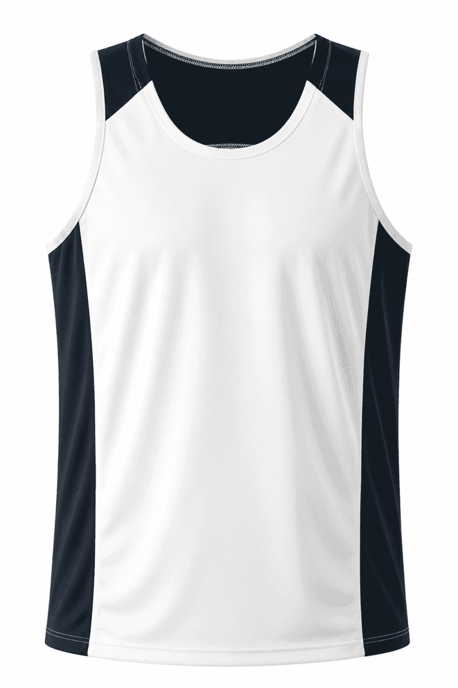 A men's singlet featuring a white front and navy blue sides, designed for casual wear or athletic use.