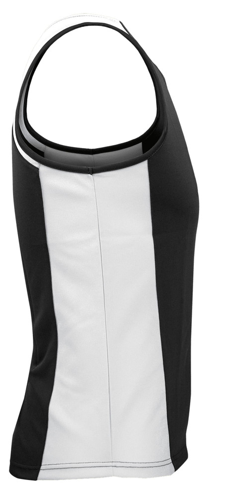 A black and white men's singlet featuring a sleeveless design and a logo.